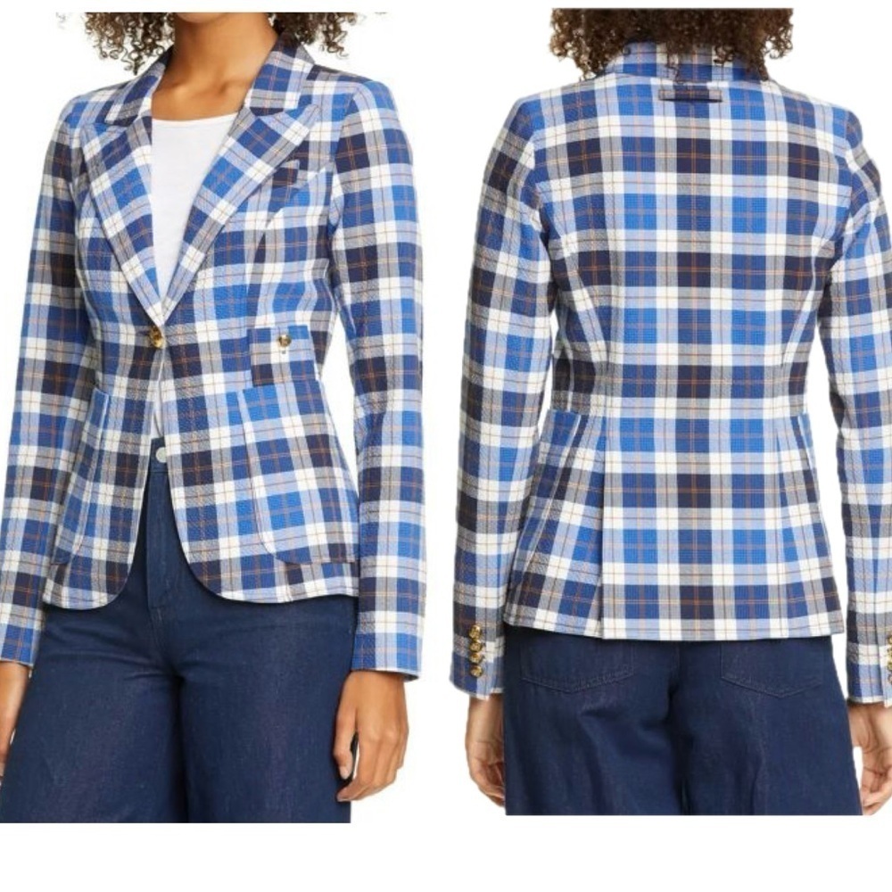 Smythe Patch Pocket Duchess Blazer in Blue & White Plaid Sz 4 NWOT preppy classy